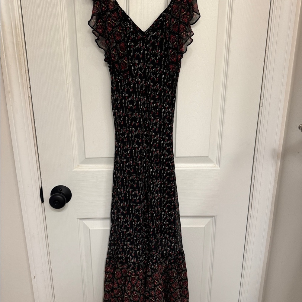 Gothic Faory Black and Maroon Floral Maxi Dress